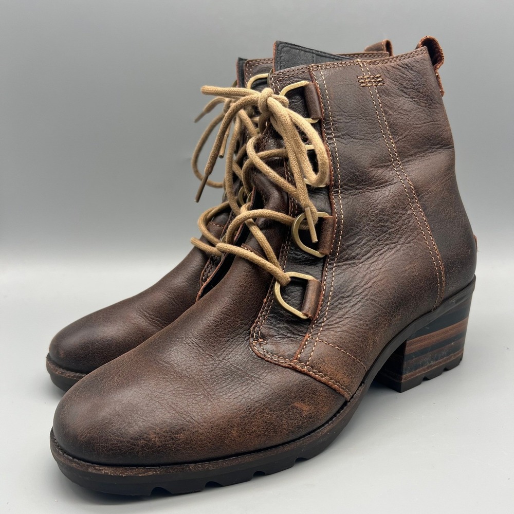 Sorel Cate Lace Brown‎ Leather Waterproof Ankle Boots NL3385-282 Womens 10